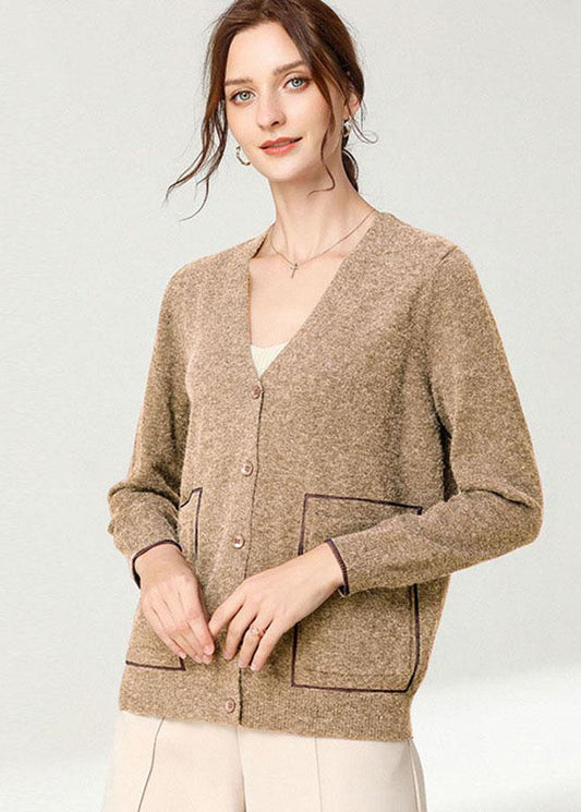 Italian Khaki V Neckpockets Spring Cardigan Long Sleeve