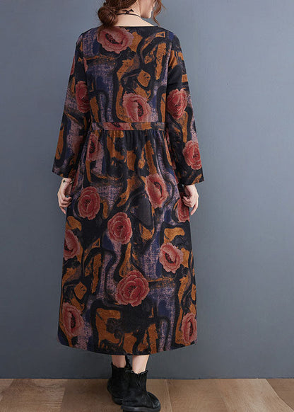 Handmade Blue O-neck Cinched Cotton Maxi Dress Long Sleeve