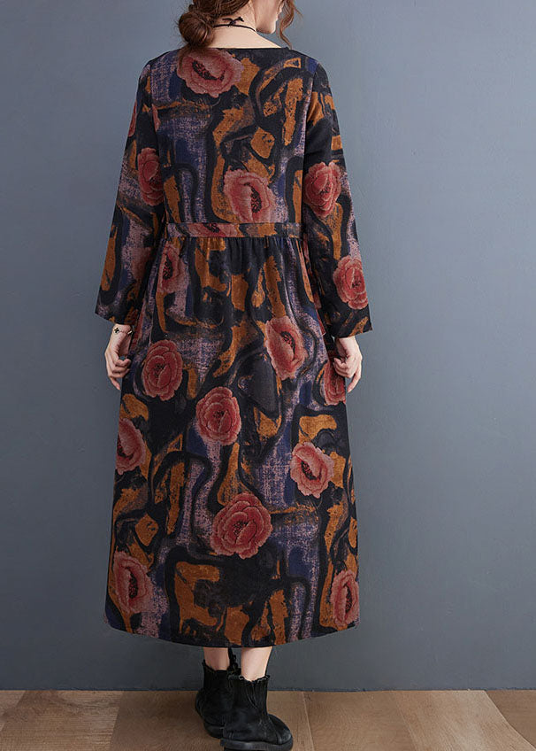 Handmade Blue O-neck Cinched Cotton Maxi Dress Long Sleeve