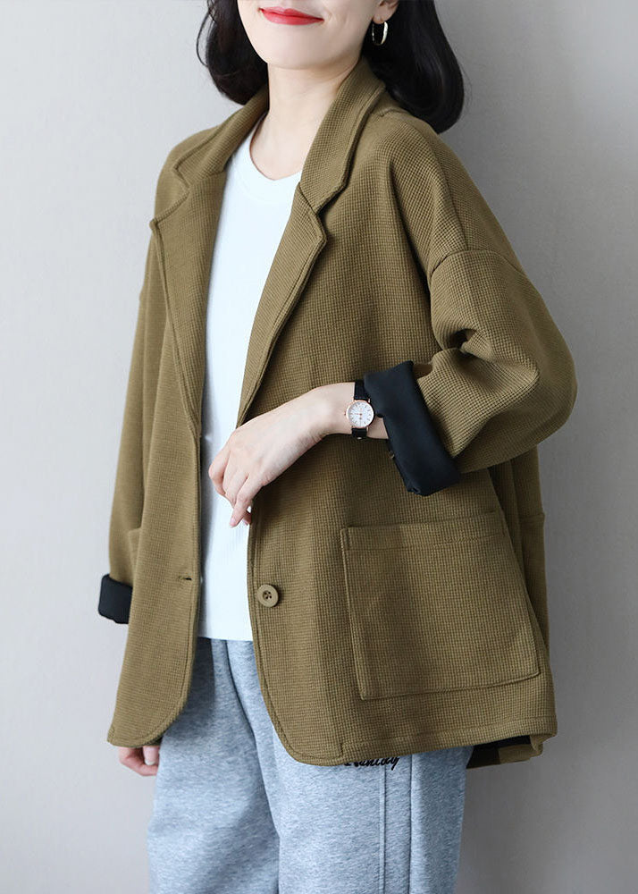 Light Green Notched Collar Pockets Cotton Coats Spring