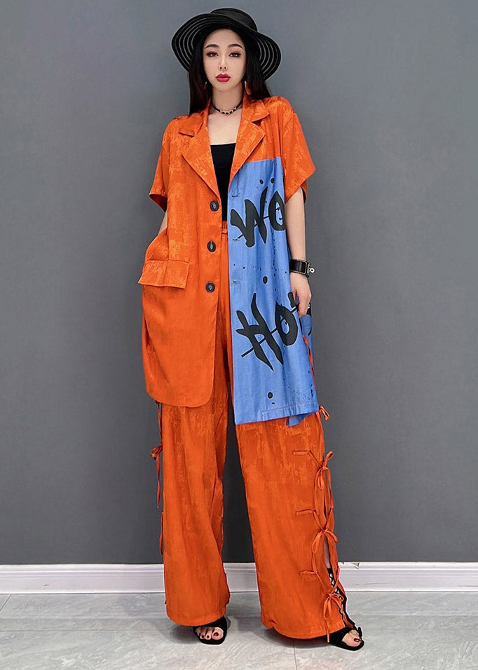 Vogue Red Peter Pan Collar Print Shirt and Pants Two Piece Set Summer