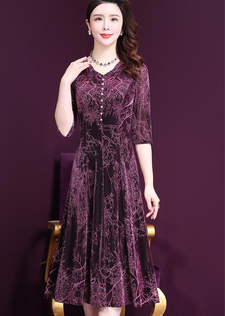 Stylish Purple O-neck Print Button Tulle Holiday Dress Half Sleeve
