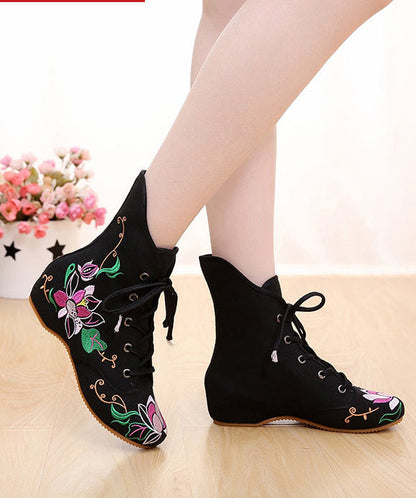 Cross Strap Embroideried Ankle Boots Black Cotton Fabric