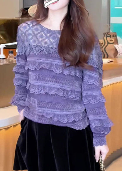 Purple O-neck Ruffled Patchwork Lace Tops Fall