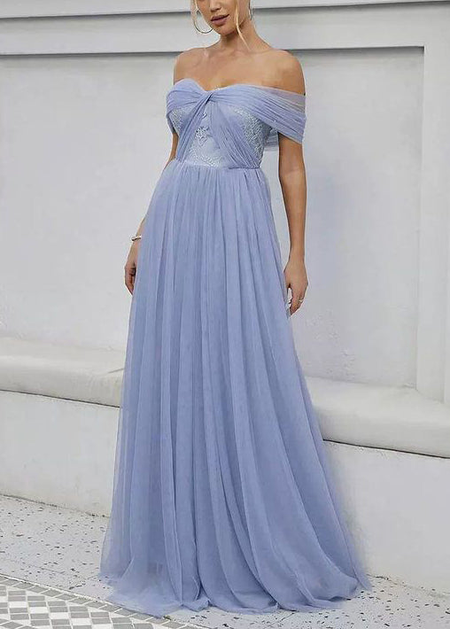 Blue Slash Neck High Waist Tulle Maxi Dress Summer
