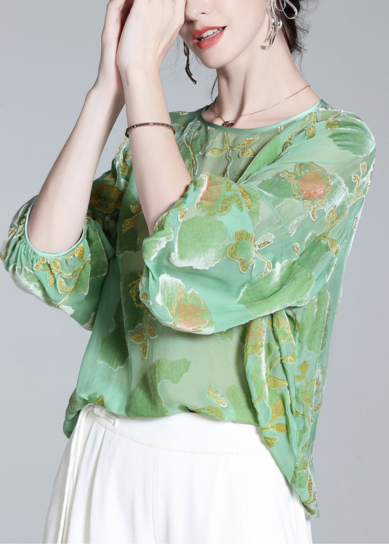 Light Green O-neck Print Velour Tops Long Sleeve