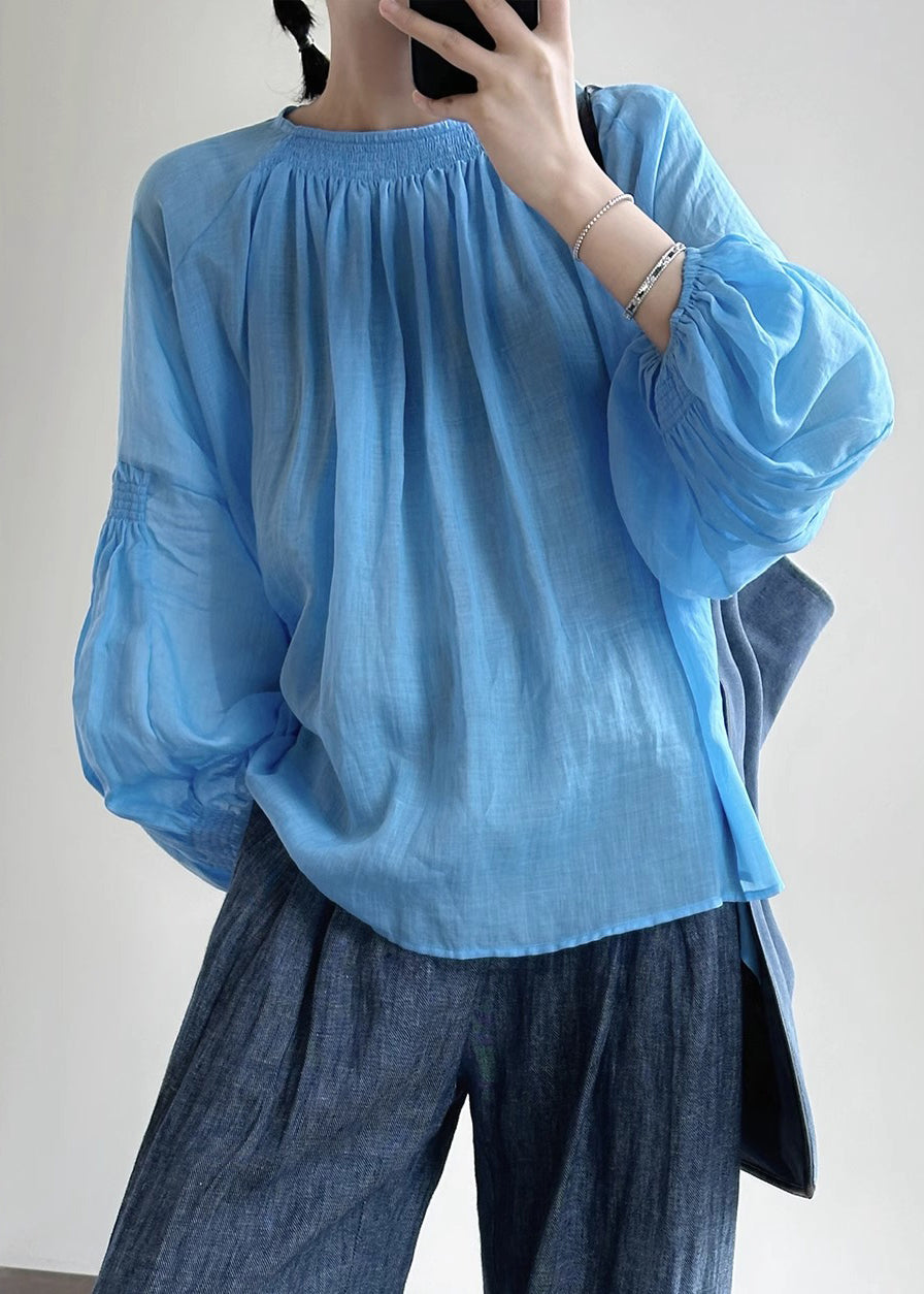 New Blue O-neck Cotton Shirt Lantern Sleeve