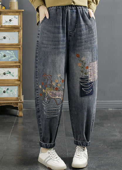 Natural Blue Embroideried Pockets Elastic Waist Denim Pants Fall