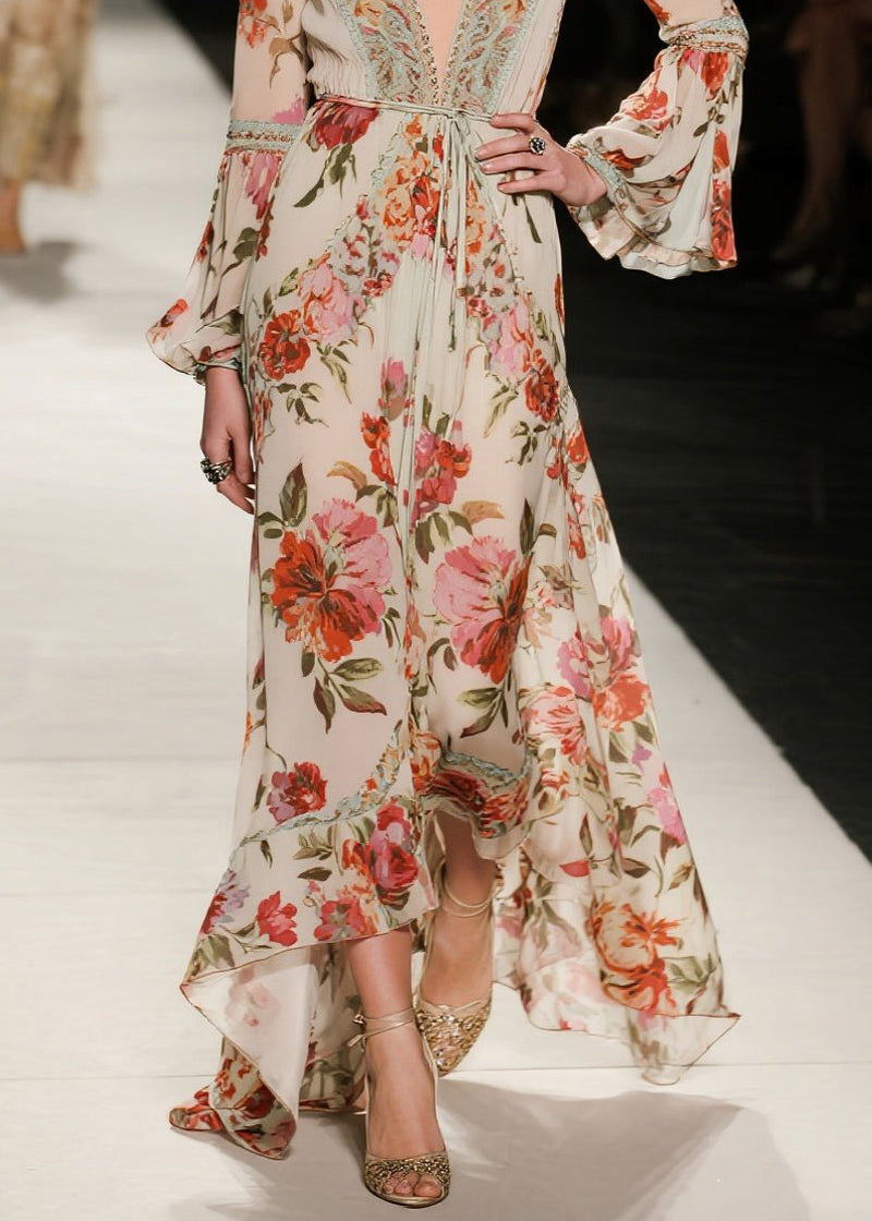V Neck Print Loose Cotton Dresses Flare Sleeve