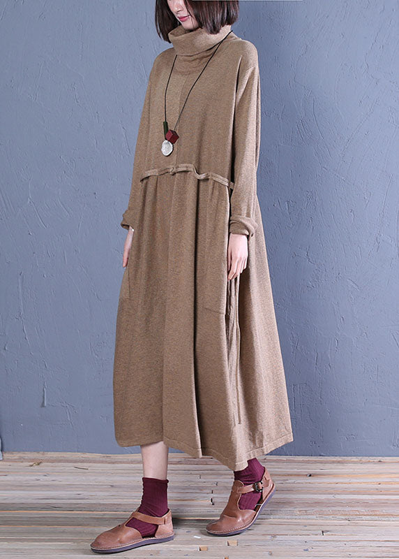 Khaki Turtle Neck Patchwork Knit Dresses Spring