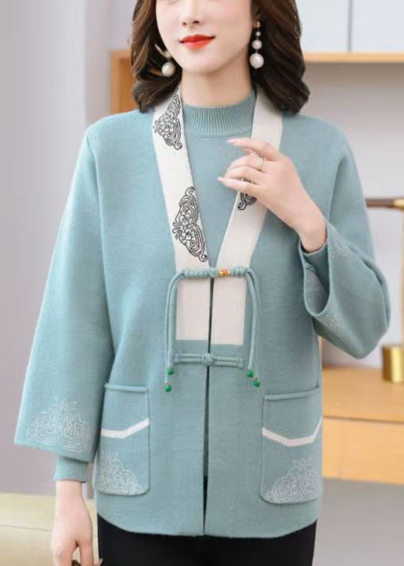 Light Blue V Neck Print Tassel Cotton Knit Cardigans and Sweaters Two Pieces Set Fall