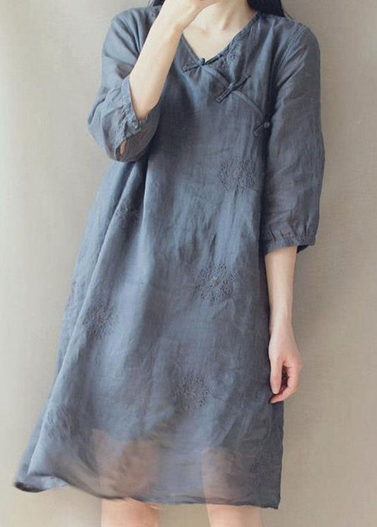 Grey V Neck Embroideried Button Linen Cheongsam Dress Half Sleeve