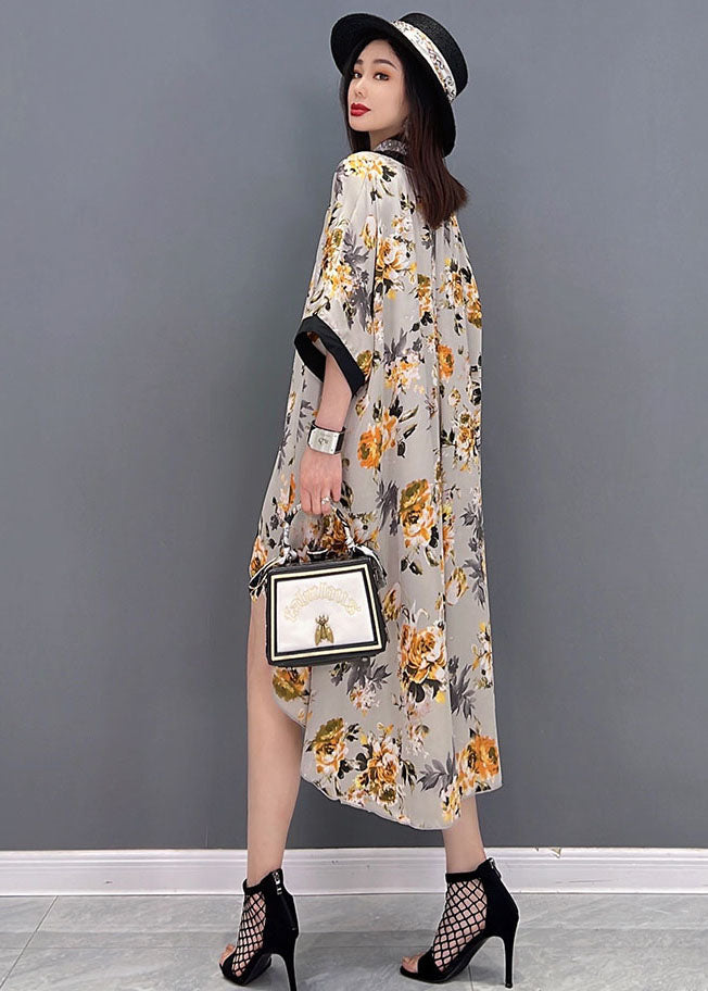 Yellow V Neck Asymmetrical Print Chiffon Beach Dress Batwing Sleeve