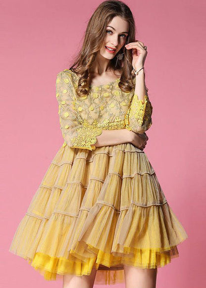 Natural Yellow O Neck Patchwork Wrinkled Tulle Mid Dress Spring
