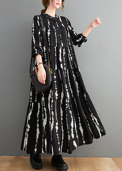 Black Stand Collar Print Button Maxi Shirts Dresses Fall