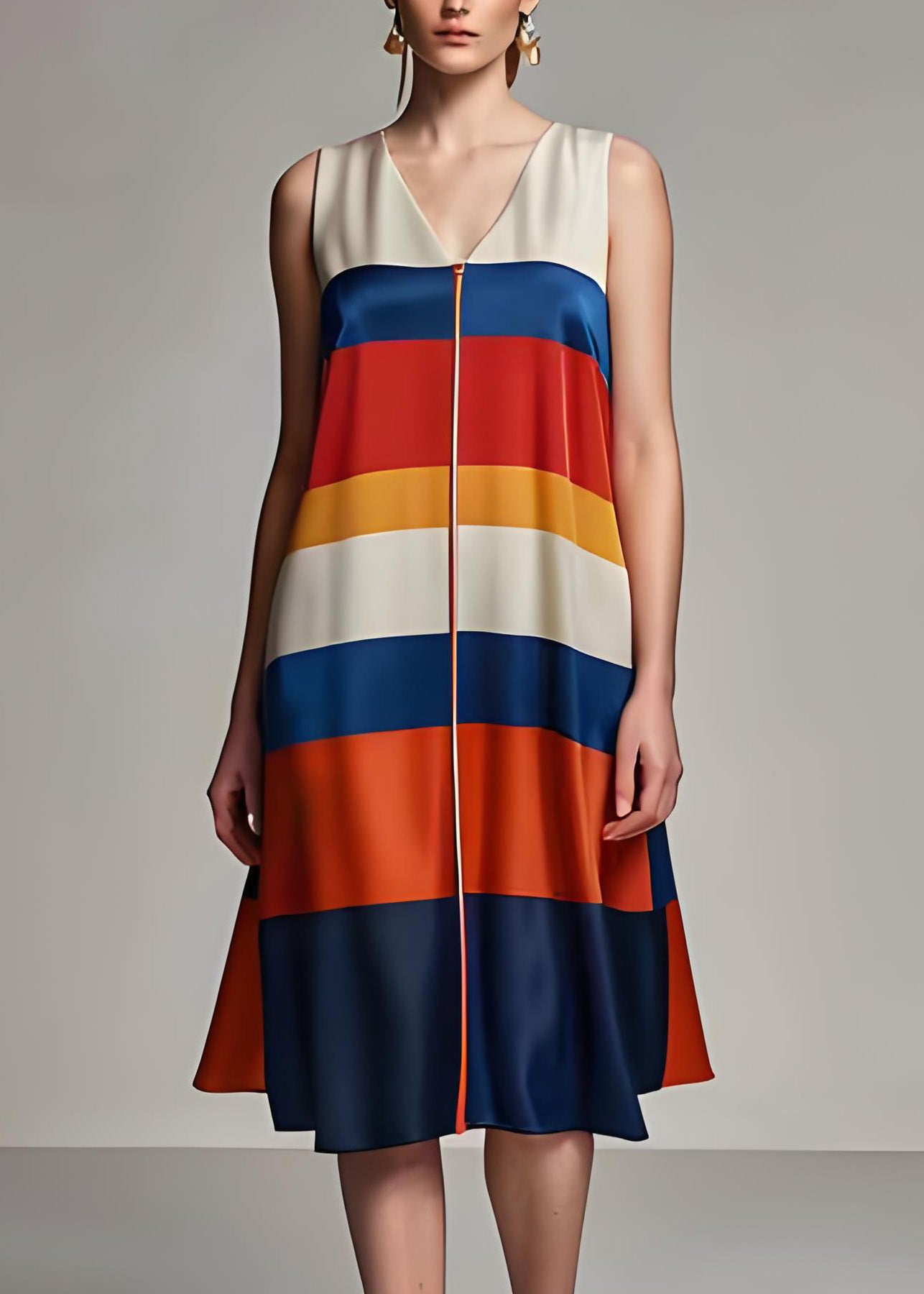 Colorblock V Neck Striped Silk Dresses Sleeveless