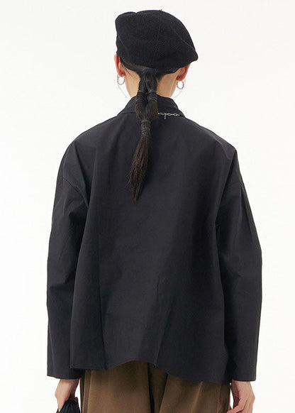 Black Peter Pan Collar Geometric Patchwork Cotton Blouses Spring