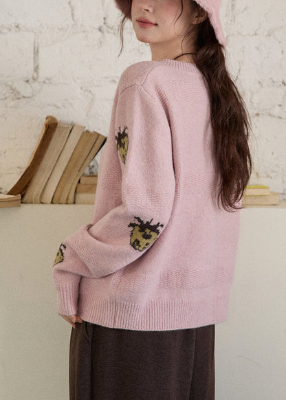 Pink O-neck Patchwork Cotton Knit Cardigans Fall