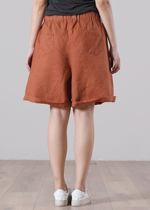 Orange Elastic Waist Pockets Color Linen Shorts Summer