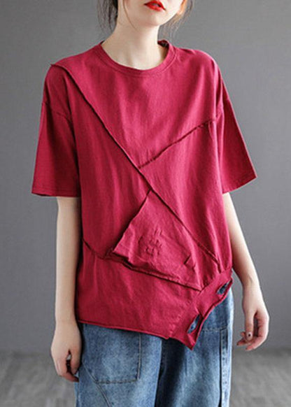 French Yellow Asymmetrical Design Hole Summer Patchwork Cotton Half Sleeve