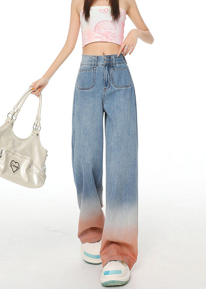 Blue Gradient Pockets Denim Wide Leg Pants Fall