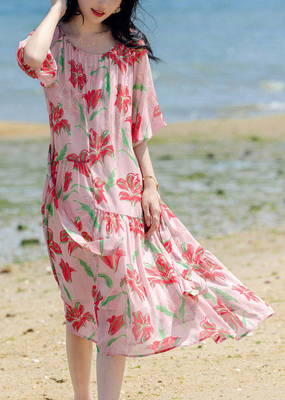 Pink Print Patchwork Chiffon Long Holiday Dress Summer