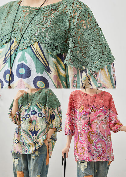 Pink Patchwork Chiffon Shirt Tops Hollow Out Summer