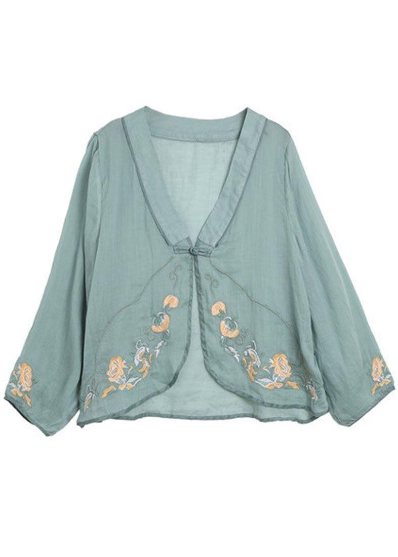 Green V Neck Embroideried Summer Ramie Cardigan Long Sleeve