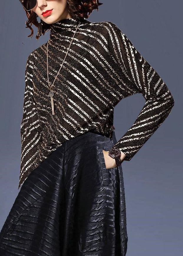 Black Stand Collar Striped Top Batwing Sleeve