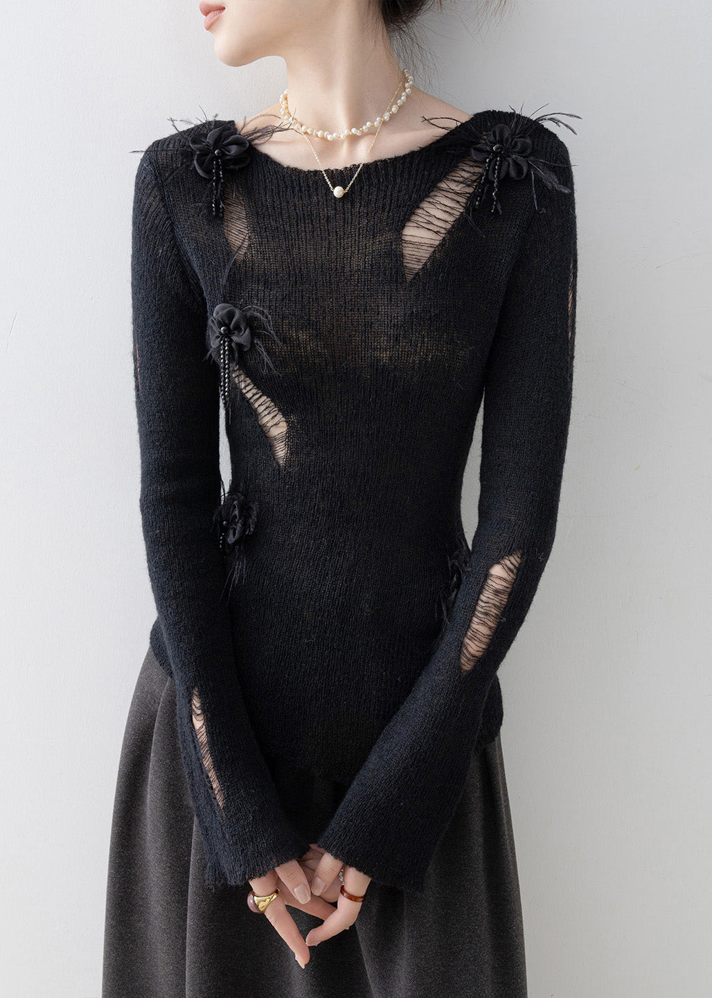 Black O Neck Tassel Knit Top Spring