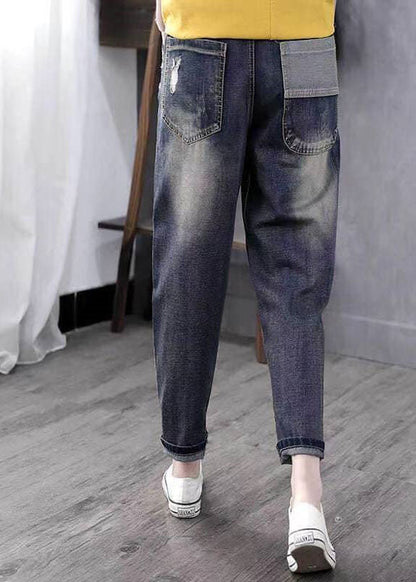 Blue Embroideried Pockets Patchwork High Waist Denim Pants Spring