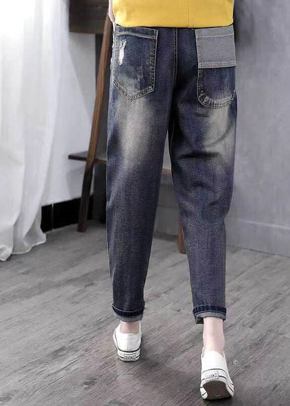 Blue Embroideried Pockets Patchwork High Waist Denim Pants Spring
