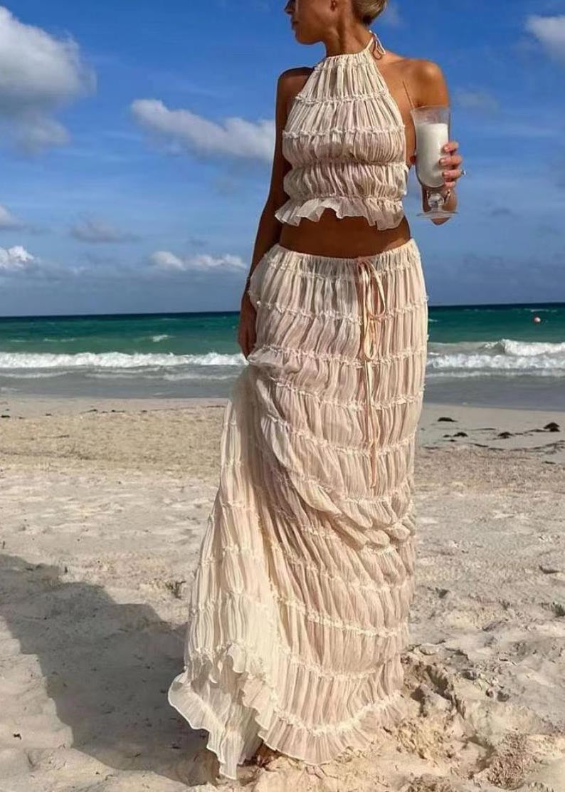 Apricot Backless Wrinkled Halter Two Piece Set