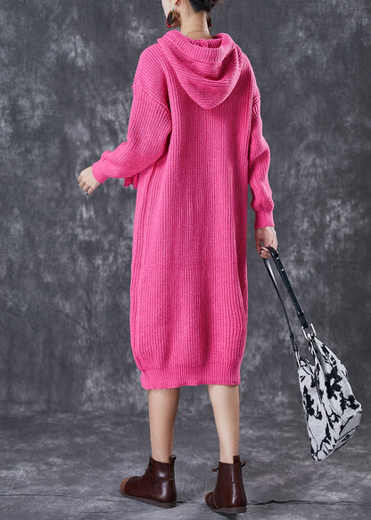 Diy Rose Hooded Drawstring Knit Pullover Sweatshirt Dress Fall