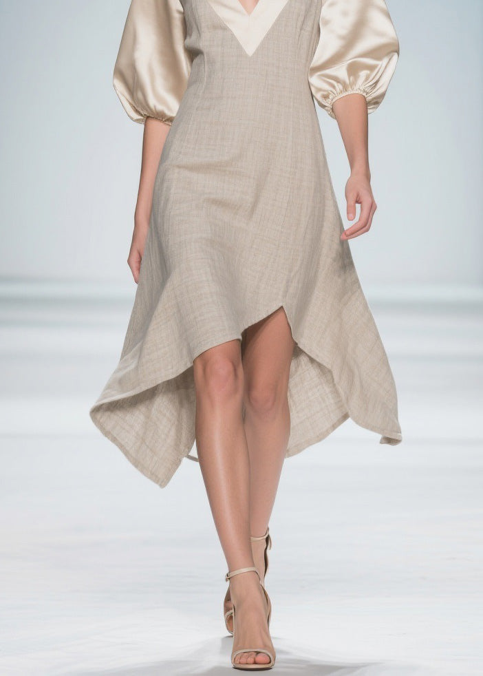 Colorblock Puff Sleeve Patchwork Linen Silk Dresses
