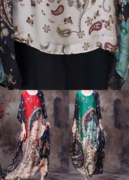 Red O-neck Asymmetrical Print Silk Holiday Dress Half Sleeve