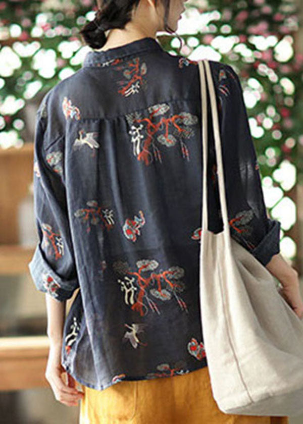 Black Peter Pan Collar Button Print Linen Shirt Tops Long Sleeve