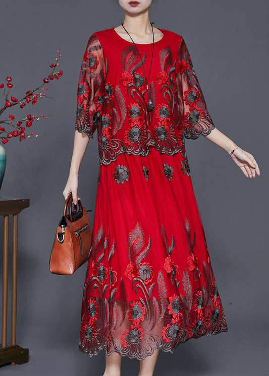 Diy Red Embroidered Tulle Vacation Dresses Summer