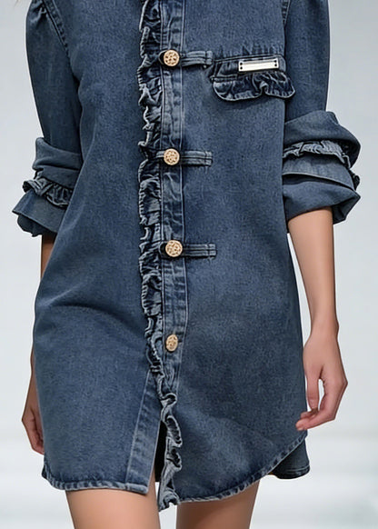 New Blue Ruffled Button Denim Coats Long Sleeve