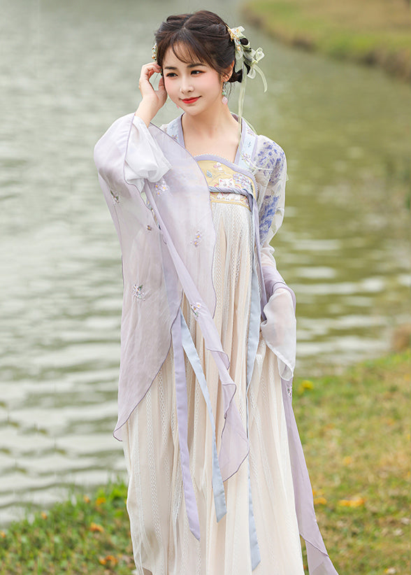 Purple Square Collar Embroideried Wrinkled Chiffon Two Piece Set Long Sleeve
