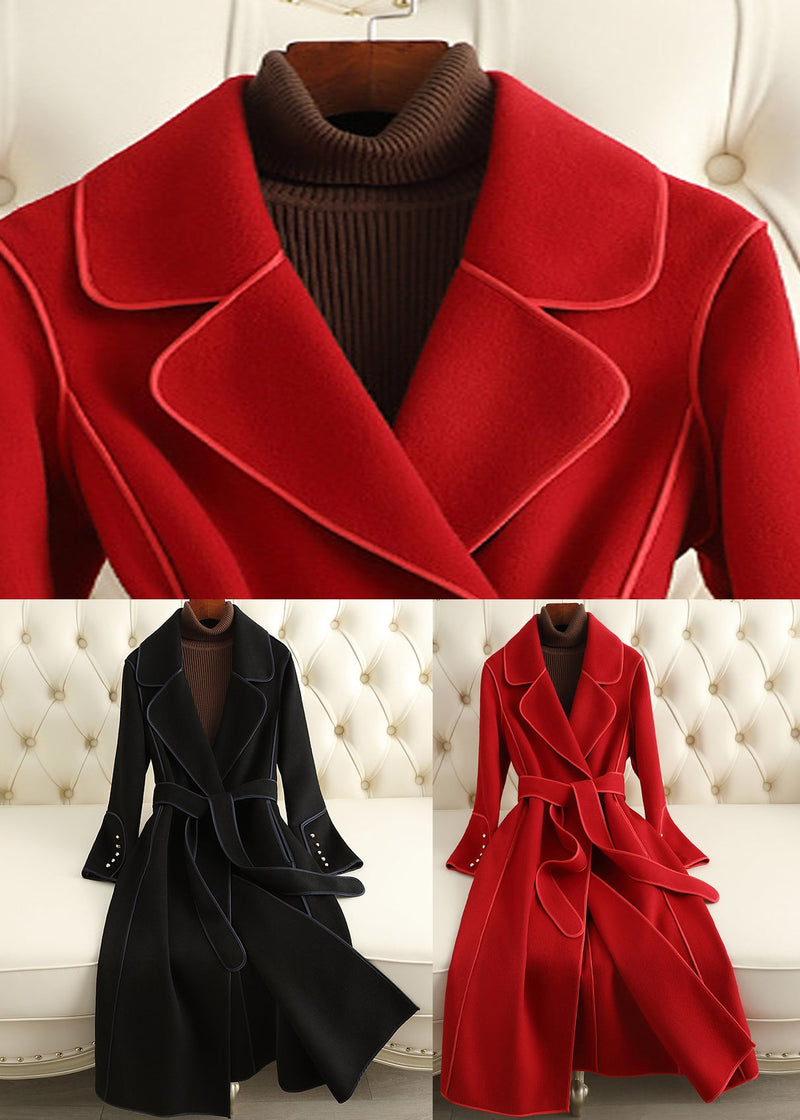 Red Notched Tie Waist Woolen Long Coats Fall