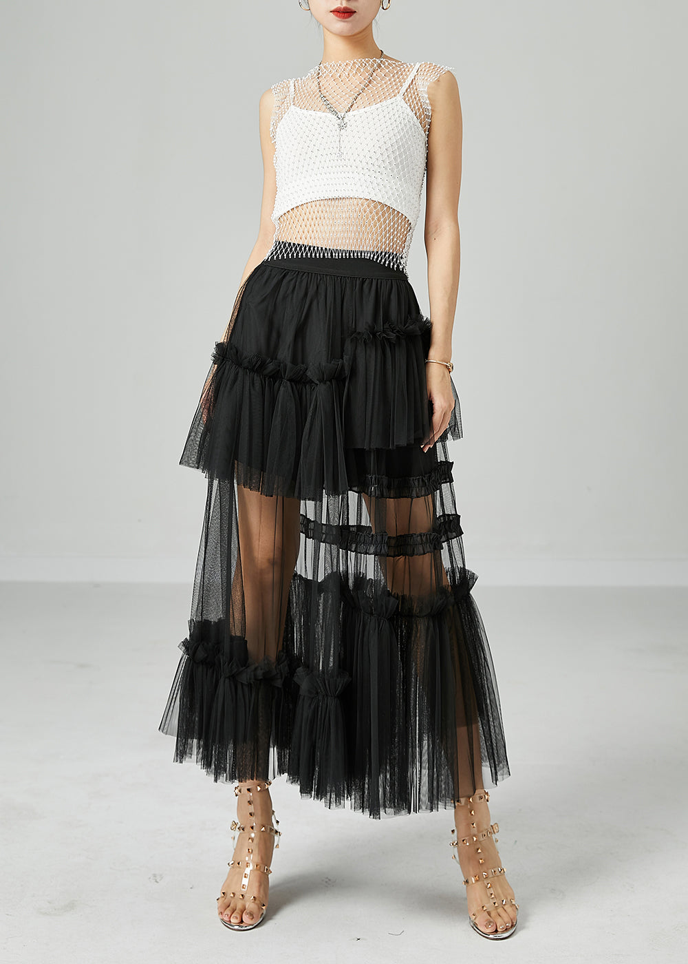 Black Patchwork Tulle a Line Skirts Wrinkled Exra Large Hem Summer