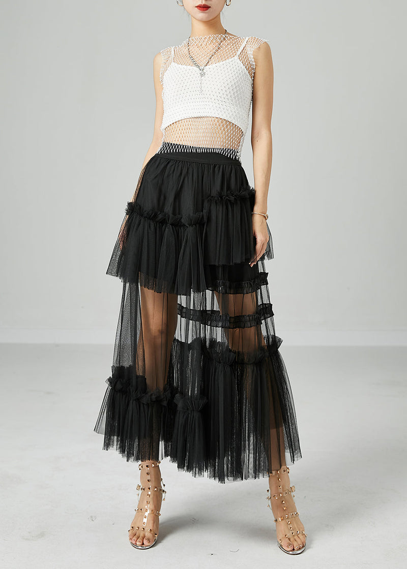 Black Patchwork Tulle a Line Skirts Wrinkled Exra Large Hem Summer