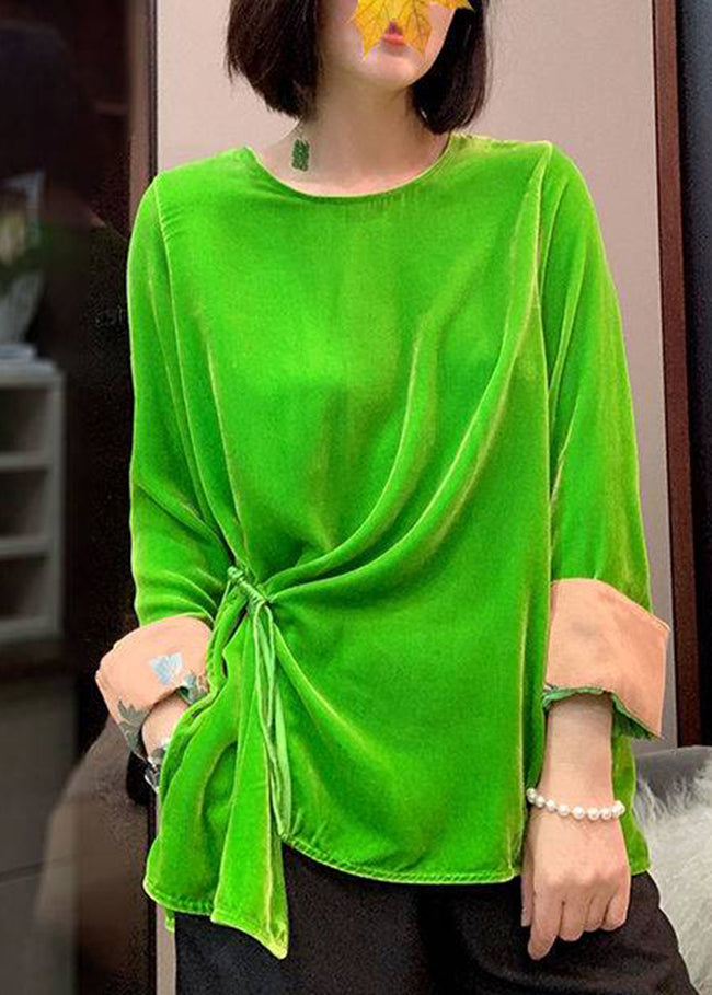 Green O-neck Cinched Velour Tops Long Sleeve