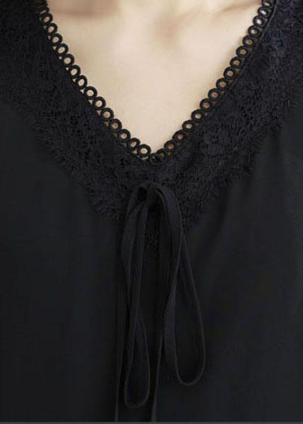 Black Patchwork Lace V Neck Mid Dress Summer Chiffon Dress