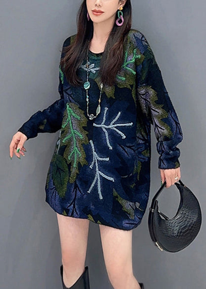 French Navy O-neck Print Knit Sweaters Long Sleeve