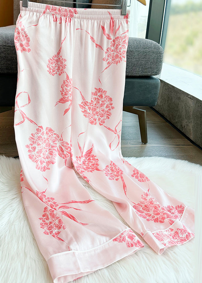 Pink Print Silk Shirts and Straight Pants Two Pieces Set Long Sleeve