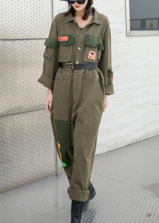 Modern Army Green Peter Pan Collar Pockets Button Fall Denim Top Long Sleeve