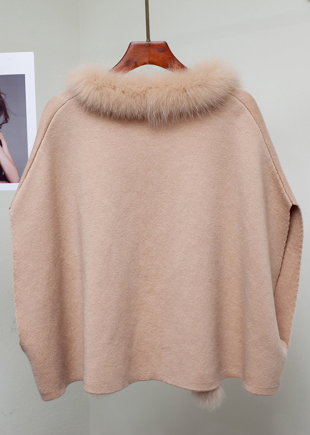 Milk Tea Camel Color Fox Collar Patchwork Woolen Coats Winter