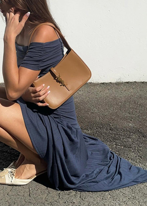 Navy Wrinkled Long Dresses Slash Neck Summer